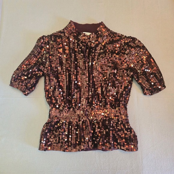 Boston Proper Sweaters - Boston Proper Sequin Short Sleeve Mock Neck One Button Cardigan Jacket Brown XS